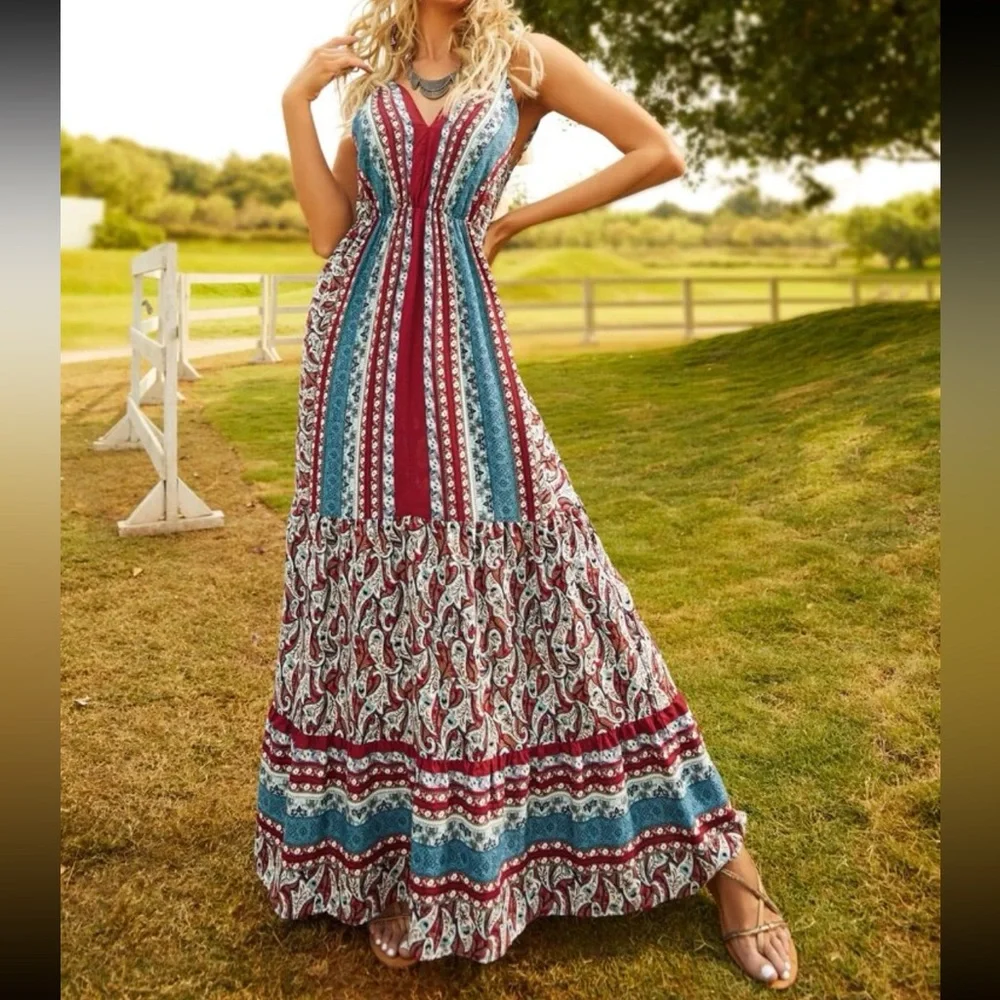 Boho floral print ruffle hem open back cami dress